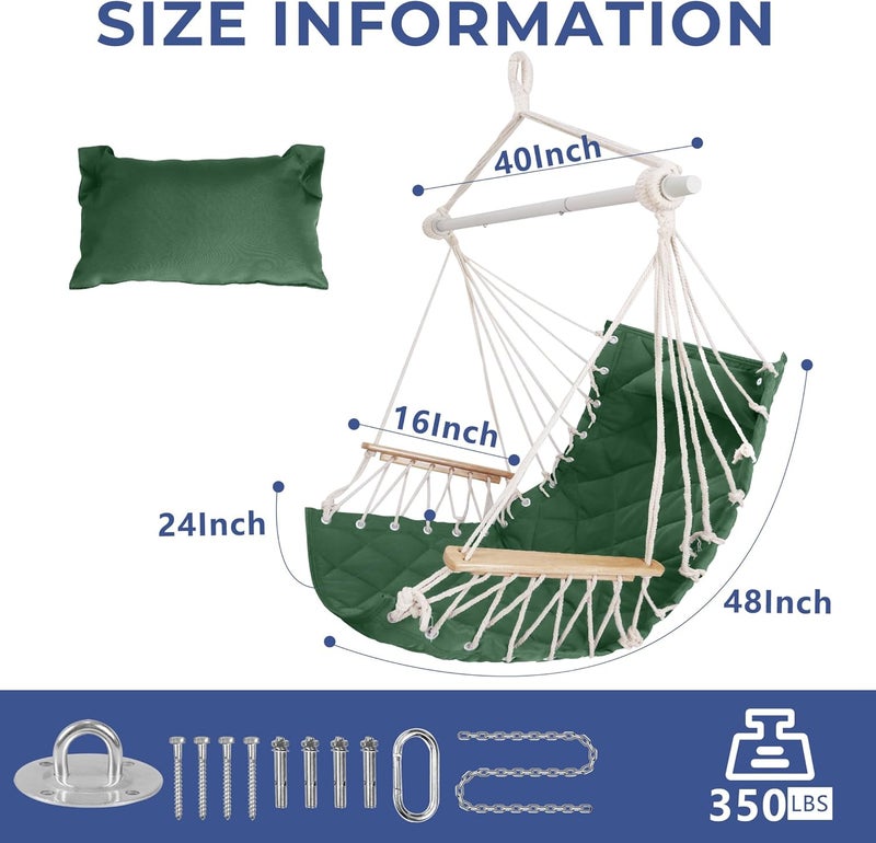 ROOITY Hammock Chair Hanging Swing with Wooden Armrests;Steel Spreader Bar,Pillows,Hardware kit Included;Cotton Woven ;Up to 350 Lbs,for Indoor Outdoor Green - Image 5